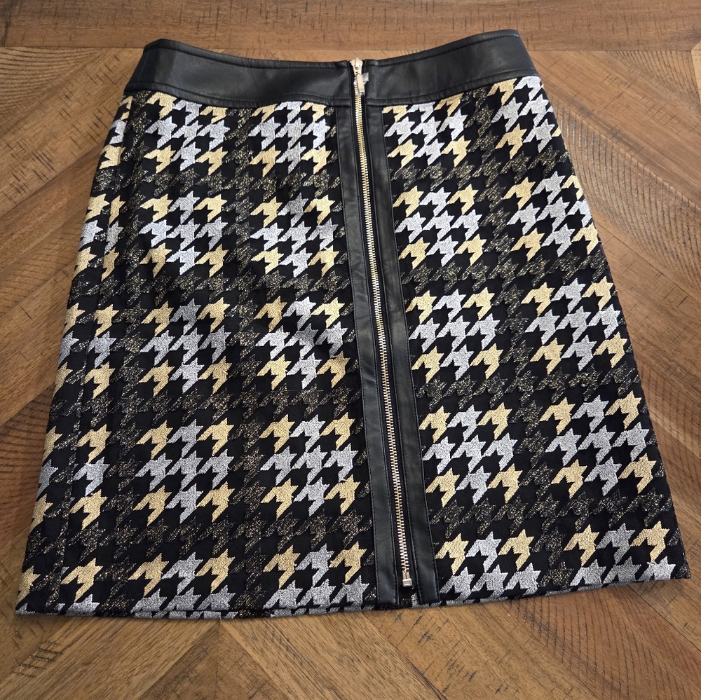 J McLaughlin Keana Skirt Houndstooth Gold Silver Black Metallic Zipper Sz 4 NWT